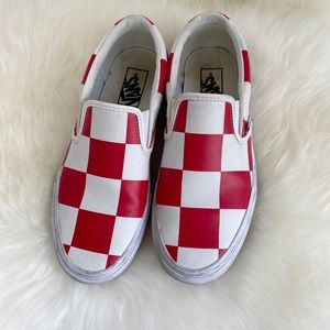 Red and white checkered slip on vans